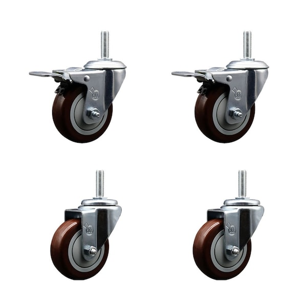 Service Caster 35 Inch Maroon Polyurethane Swivel 34 Inch Threaded Stem Caster Set 2 Total Lock Brakes SCC-TSTTL20S3514-PPUB-MRN-34212-2-S2 - main